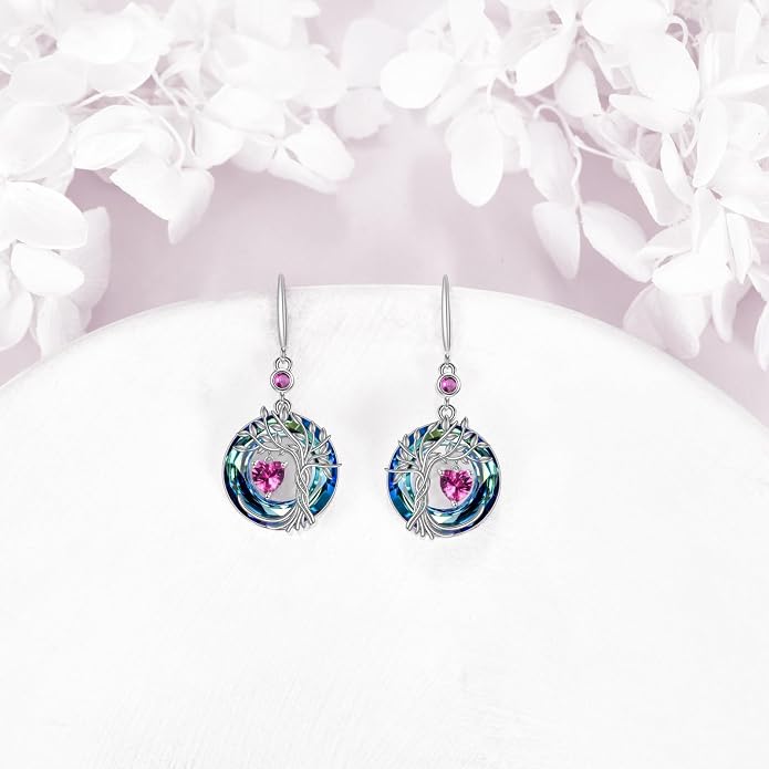 POPLYKE Tree of Life Birthstone Earrings 925 Sterling Silver Dainty Gemstone Birthstone Dangle Drop Earring with Crystal Fine Jewelry Birthday Gifts for Women Her