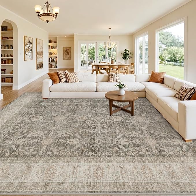 8x10 Area Rugs for Living Room: Vintage Boho Neutral Washable Rug Indoor Soft Large Area Rug Carpet for Bedroom Nursery Farmhouse Dining Room Office Floor Non-Slip Low Pile Under Table Rug Warm Taupe