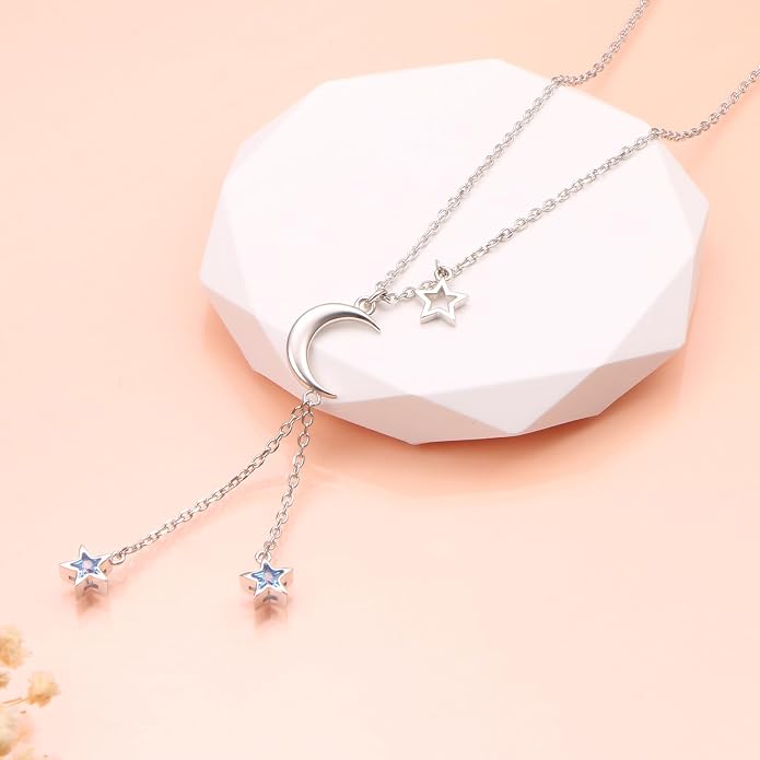 Ladytree 925 Sterling Silver Jewelry Crescent Moon and Star Pendant Necklace