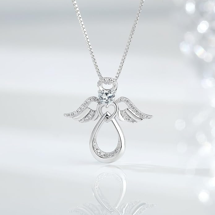 925 Sterling Silver Guardian Angel Pendant Necklace for Women with Birthstone Cubic Zirconia Little Angel Pendant Necklace Jewelry 18 inch Chain