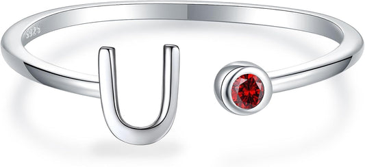 925 Sterling Silver Initial Letter Birthstone Rings for Women Adjustable 1-12 Month Birthstone Alphabet Stacking Ring for Teens Girls Stackable Birthstone Rings Birthday Jewelry Gift for Daughter Mom