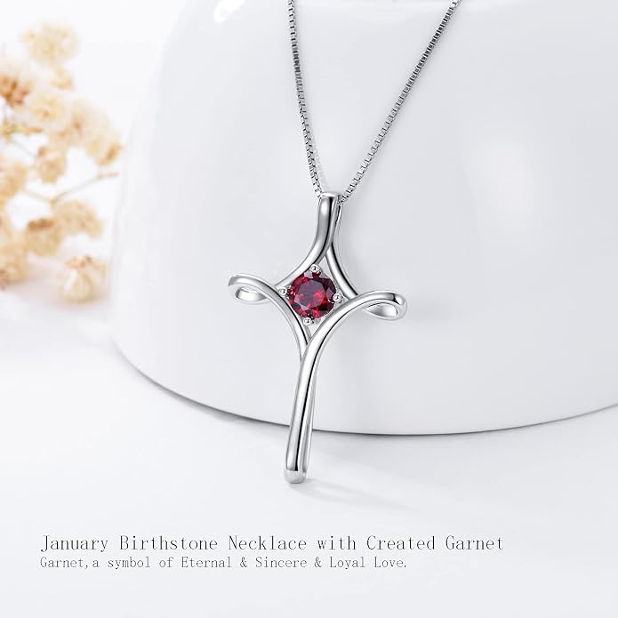 TOUPOP Cross Necklace for Women 925 Sterling Silver Birthstone Cross Pendant Fine Jewelry Anniversary Birthday Mothers Day Gifts for Mom Wife Her