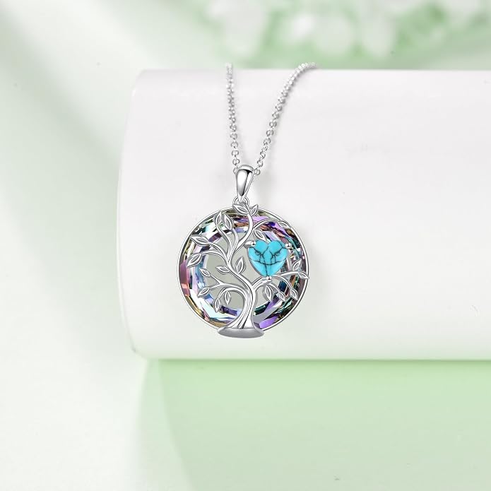 Tree Of Life Birthstone Necklace 925 Sterling Silver Crystal Family Tree Pendant Necklaces Heart Birthstone Jewelry For Women Female Anniversary Birthday Gifts
