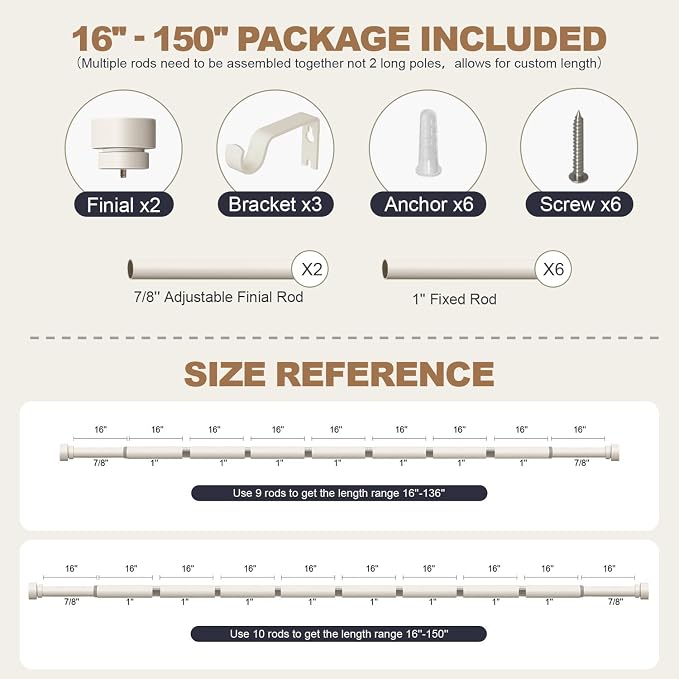 Lootkell Modern White Curtain Rods for Windows 72 to 144 Inches Adjustable Length Heavy Duty 1" Diameter Window Curtain Rod with Decorative Finials for Outdoor Farmhouse Bedroom Kitchen Living Room