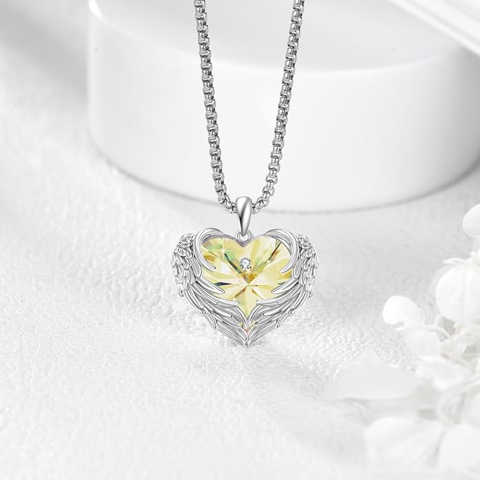 Angel Wings Necklace for Women 925 Sterling Silver Birthstone Guardian Necklace Jewelry Angel Wings Moonstone, Crystal Pendant Jewelry Gifts
