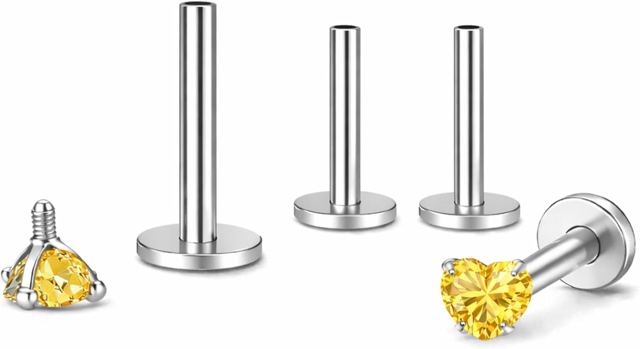 Titanium Heart CZ Labret Stud Earrings for Piercings by Ginger Lyne 6Pc Set G23 Screw Front Flat Back Body Jewelry 2 pair post 6mm, 8mm Cartilage, Helix, Tragus, Lip, Conch, Lobe