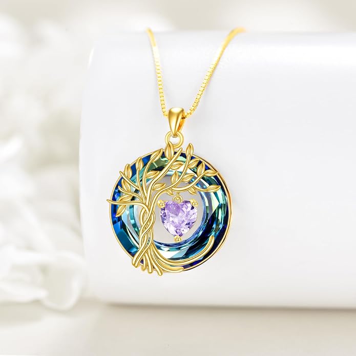 POPLYKE Mothers Day Gifts for Mom Her Wife Tree of Life Necklace 925 Sterling Silver Birthstone Pendant with Crystal Anniversary Birthday Wedding Jewelry for Women