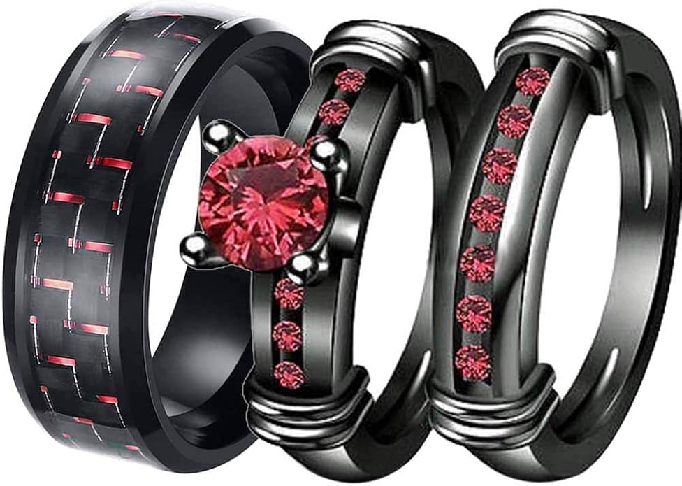 3pcs Matching Rings His and Hers Ring Couple Rings Pruple Cz Womens Wedding Ring Sets Wedding Bands