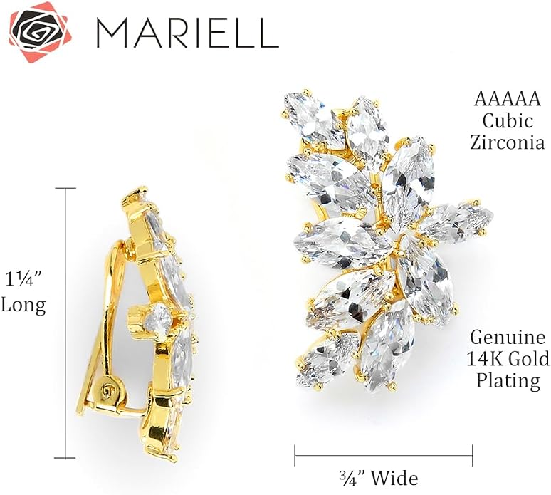 Mariell Clip-On Cubic Zirconia Crystal Bridal Earrings, Marquise Shape CZ Curved Clusters, Women Earrings for Wedding, Bridesmaids, Homecoming, Mother of the Bride