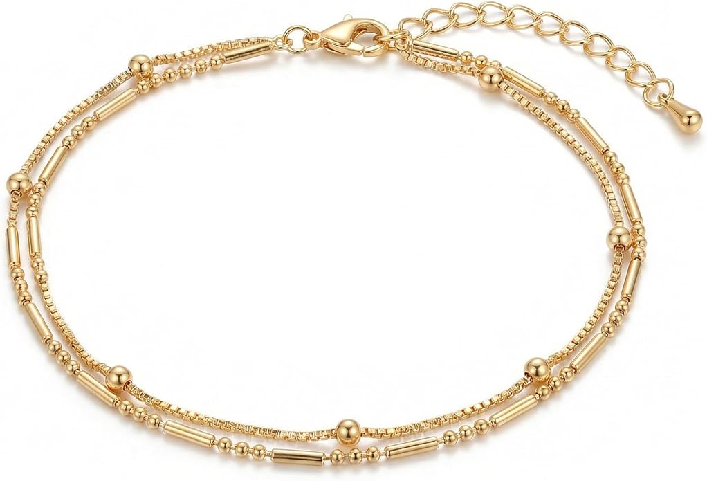 Pencros Dainty Layered Anklet,14K Gold Filled Cute Beads Satellite Chain Heart Boho Adjustable Anklets for Women