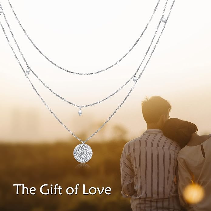MONGAS Boho Layered Necklace Sterling Silver Triple 3 Stacked Vertical Bar Triangle Long Layering Necklaces Christmas Jewelry Gifts for Women