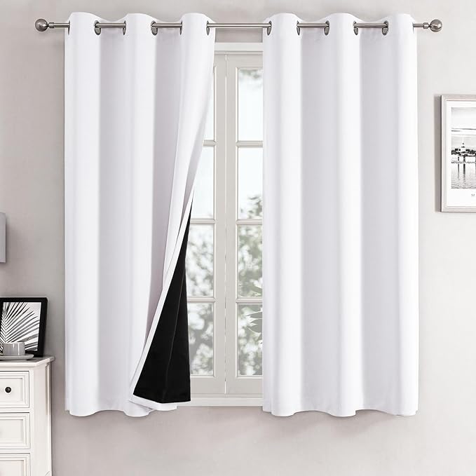 ChrisDowa White 100% Blackout Curtains for Bedroom 54 Inches Long 2 Panels | 2 Thick Layers, Thermal Insulated, Grommet, Window Treatment, Living Room Drapes with Black Liner, Pure White, 42 x 54 Inch