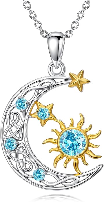 PELOVNY Sun and Moon Necklace for Women 925 Sterling Silver Sun Moon Star Birthstone Pendant Necklaces Birthday Christmas Jewelry Gifts for Mom Daughter Wife Sister