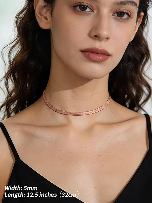 FindChic Black/14K Gold Plated Herringbone Choker Chain Necklace for Women | Waterproof Stainless Steel, Dainty Layering, Flat Snake Chain, Non-Tarnish, Hypoallergenic, Adjustable Extender, Gift Box