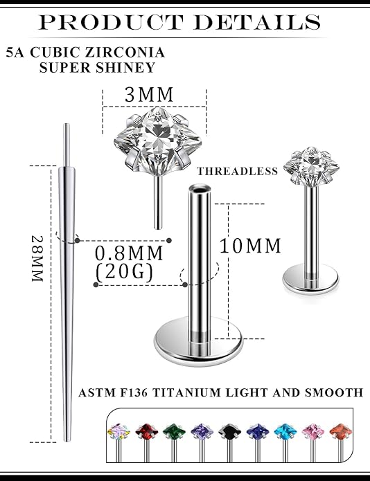 20G 18G 16G Astm F136 Titanium Threadless Flat Back Earrings Nose Studs Tragus Helix Conch Cartilage Lobe Earrings Medusa Labret Snake Bite Monroe Lip Ring Piercing Jewelry For Women Men