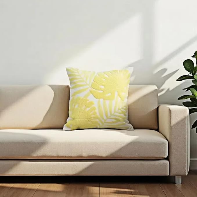 Embroidery Throw Pillow Covers 18x18 Floor Pillow Cover for Couch Bed Room Chair 100% Cotton Loop Embroidered Light Yellow Tropical Leaves Cushion Cover Square Pillow Case 45x45cm, 1 Piece