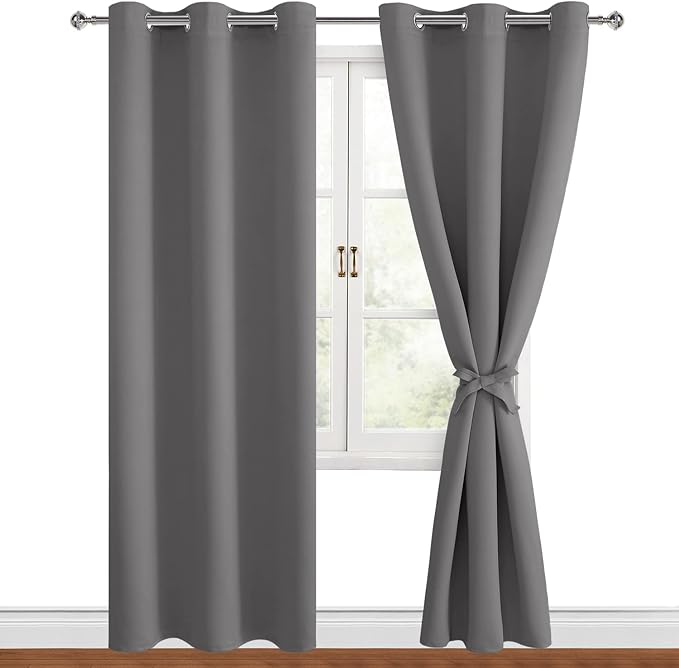Hiasan Blackout Curtains for Bedroom, 38 x 84 Inches Long - Thermal Insulated & Light Blocking Window Curtains for Living Room, 2 Drape Panels Sewn with Tiebacks, Light Grey