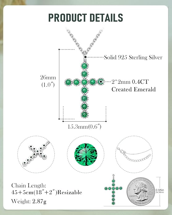 925 Sterling Silver 18 inch Birthstone Cross Pendant Necklace for Women Men