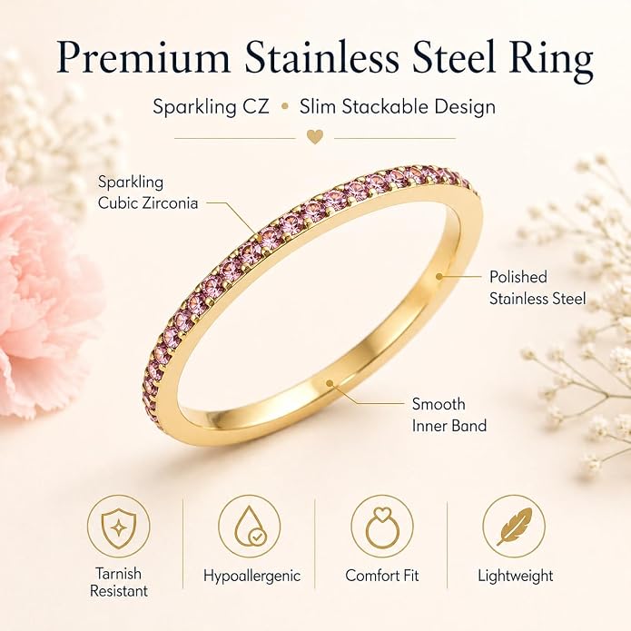 Birthstone Rings For Women, Silver Stackable Cubic Zirconia Stainless Steel Birth Stone Ring To My Daughter/Mom Birthday Unique Gifts Jewelry