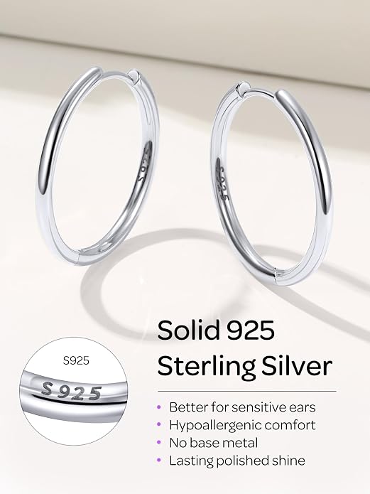 ChicSilver Sterling Silver Hoop Earrings for Women Hypoallergenic 925 Sterling Silver Huggie Earrings for Women Dainty Earring (8/10/12/14/16/18/20MM)