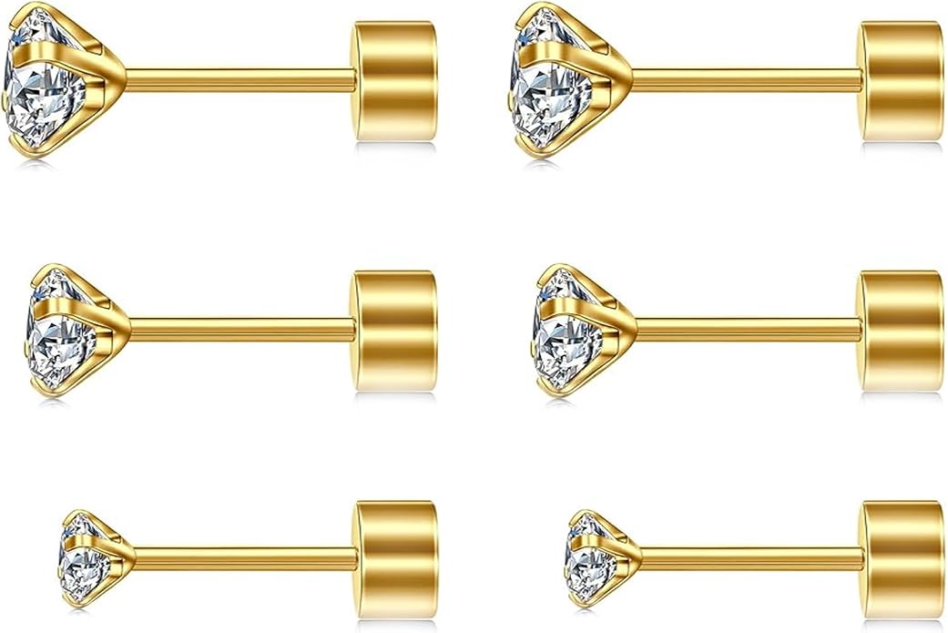 20G Hypoallergenic G23 Titanium Cubic Zirconia Silver Flat Back Earrings for Women and Men,Nickel-Free and Lead-Free Medical Waterproof Studs,Cartilage Stud Earrings for Sensitive Ears,Fashion Piercing Jewelry for Sensitive Skin