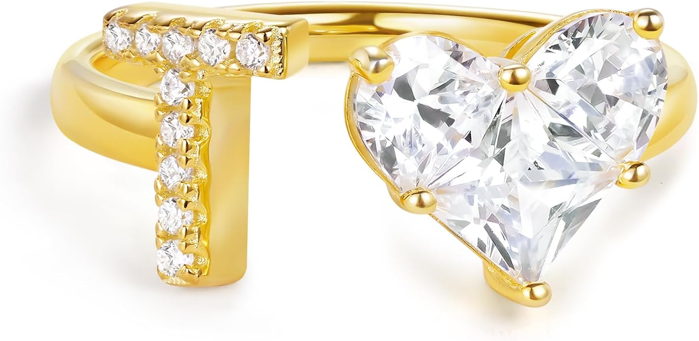 KissYan Sterling Silver Initial Heart Ring for Women, S925 Letter Rings 14K Gold Plated Open Adjustable Dainty Pave CZ Personalized Fashion Trendy Gifts for Mother's Day