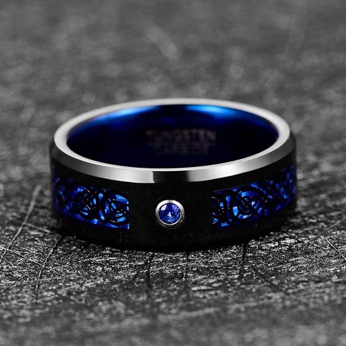 TUNGSTORY 8mm Black Celtic Dragon Tungsten Carbide Wedding Ring with Green Carbon Fiber and CZ Inlay Polished Finish Beveled Edge Size 6-16