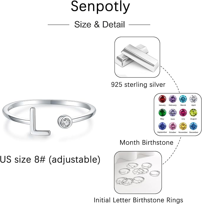 925 Sterling Silver Initial Letter Birthstone Rings for Women Adjustable 1-12 Month Birthstone Alphabet Stacking Ring for Teens Girls Stackable Birthstone Rings Birthday Jewelry Gift for Daughter Mom