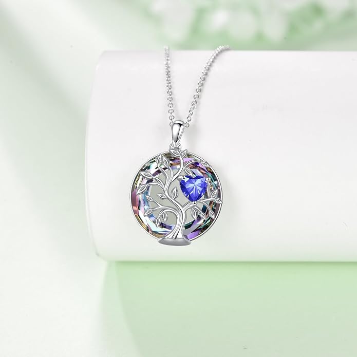Tree Of Life Birthstone Necklace 925 Sterling Silver Crystal Family Tree Pendant Necklaces Heart Birthstone Jewelry For Women Female Anniversary Birthday Gifts