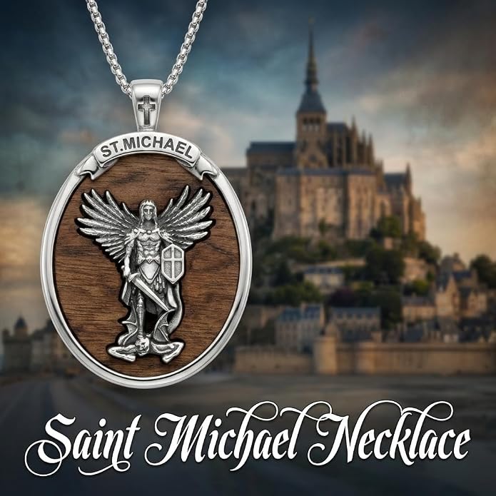 ONEFINITY Wooden Necklace Viking Wolf/St Benedict Medals/St Michael/Crucifix/St Christopher Pendant Necklace for Men Archangel Amulet Wooden Religious Jewelry Gifts for Men Women