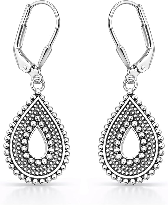 LeCalla 925 Sterling Silver Antique Earrings for Women | Filigree Leverback Dangle Earring | Drop Dangle Earrings for Women | Oxidized Silver Jewelry for Her Mom Wife