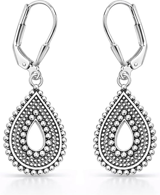 LeCalla 925 Sterling Silver Antique Earrings for Women | Filigree Leverback Dangle Earring | Drop Dangle Earrings for Women | Oxidized Silver Jewelry for Her Mom Wife