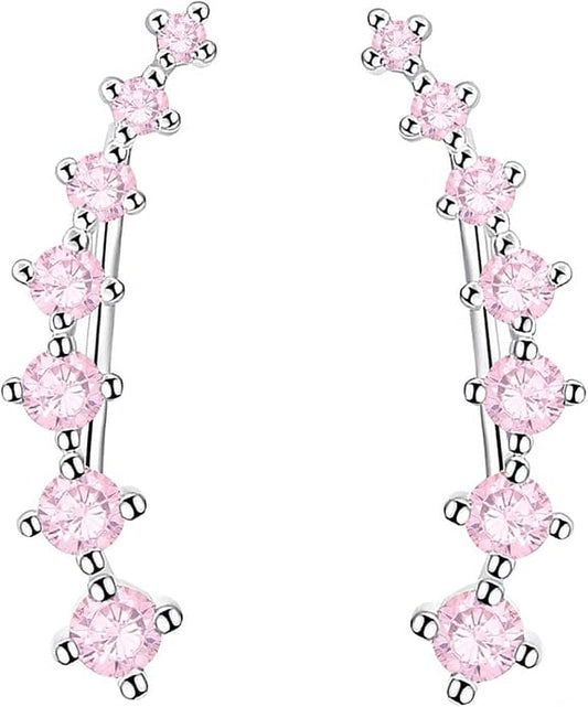 Climber Earrings for Women Ear Crawler Earrings White Gold Plated Cubic Zirconia Created Pink Tourmaline Earring Gifts for Women