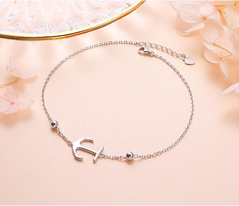 FLYOW S925 Sterling Silver Anklet for Women Summer Boho Beach Charm Adjustable Foot Ankle Bracelet Jewelry Birthday Gift