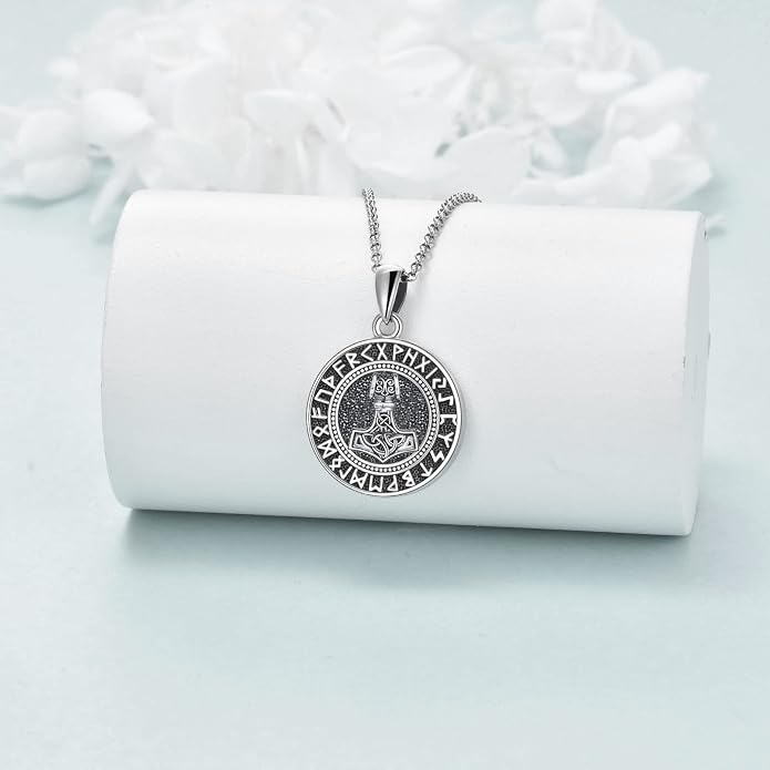 VONALA Halloween Necklace Sterling silver Pirate Skull Thor Hammer Wolf Compass Necklace for Men Compass Urn Necklace for Ashes Nordic Viking Jewelry Women