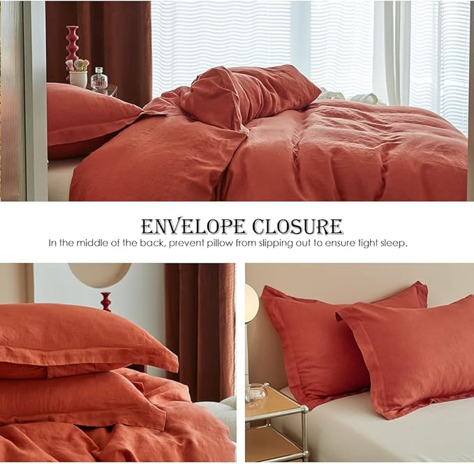 Simple&Opulence 100% Linen Duvet Cover Set 3pcs Basic Style Natural French Washed Flax Solid Color Soft Breathable Farmhouse Bedding with Button Closure - Brick Red, King