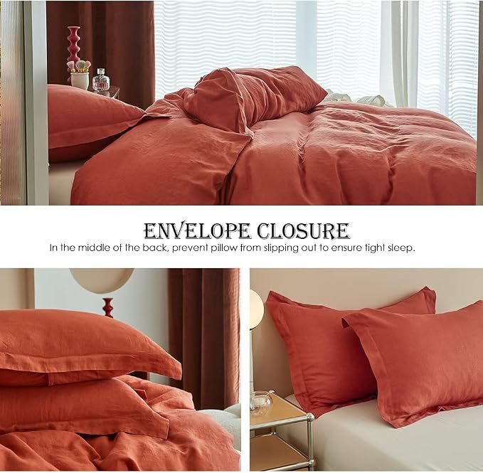 Simple&Opulence 100% Linen Duvet Cover Set 3pcs Basic Style Natural French Washed Flax Solid Color Soft Breathable Farmhouse Bedding with Button Closure - Brick Red, Queen