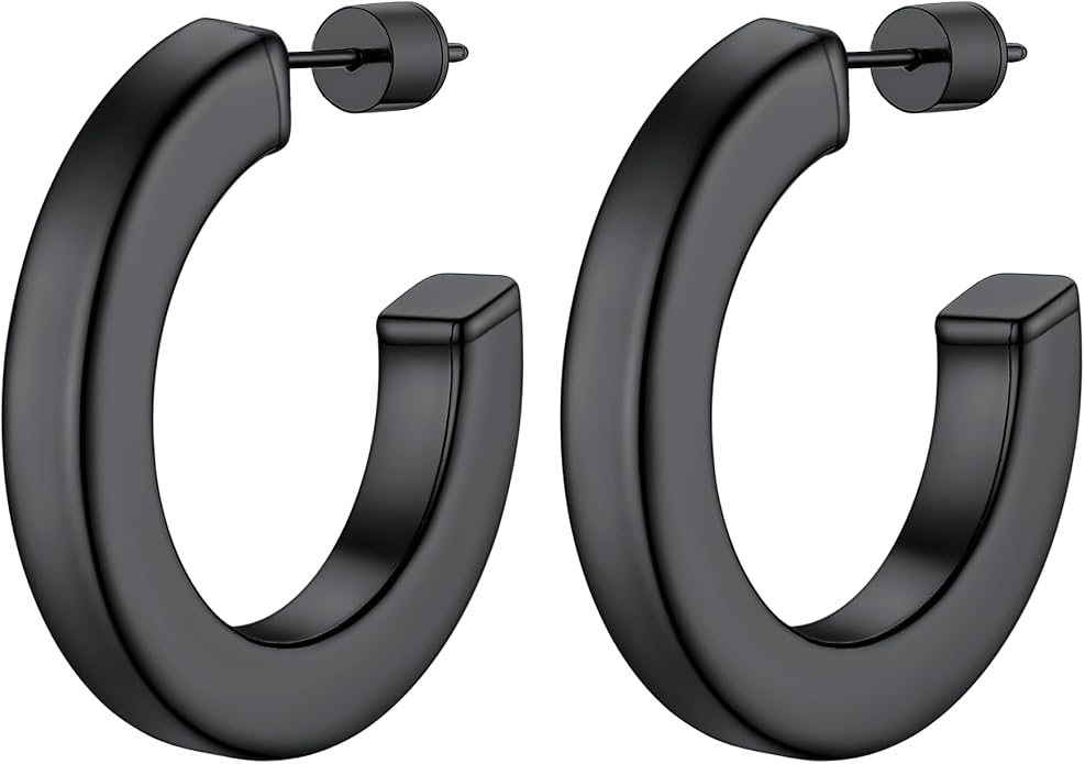 Stainless Steel Chunky Hoop Earrings For Women, Minimalist and Chic, Black/Gold Plated, Round Hoops Earrings Hypoallergenic, Size: 30mm/40mm/60mm/80mm, Come with Box