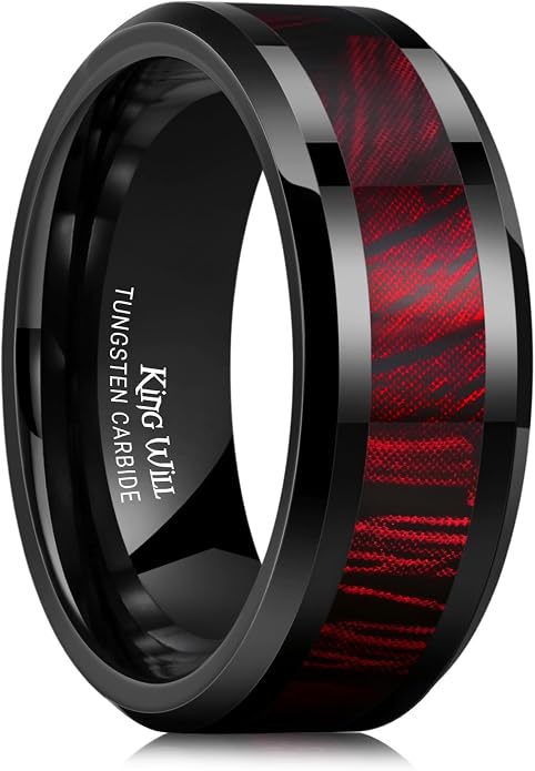 King Will Black Tungsten Wedding Band For Men, 8mm Promise Ring Inlay Red Twill Pattern/Colorful Wood Chips, High Polished Beveled Edge - Suitable For Daily Wear, Comfort Fit Size 7-14