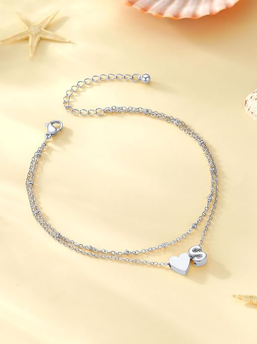 Initial Ankle Bracelets for Women, Dainty Stainless Steel Letter A-Z Layered Anklets, Heart Ankle Bracelet 8.5"-10.5" Adjustable, Summer Beach Jewelry, Come with Box