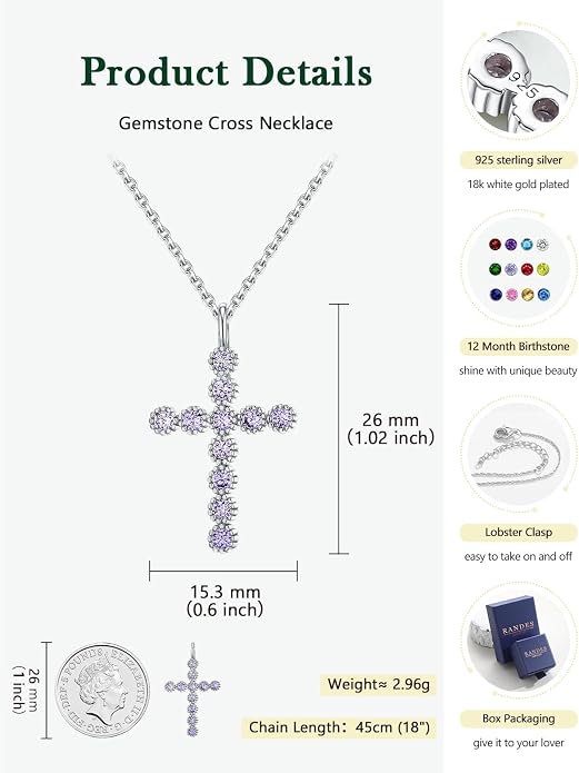 Sterling Silver Cross Necklace for Women Birthstone Religious Jewelry