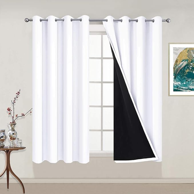 Yakamok Pure White 100% Blackout Curtains 54 Inches Long 52" Wide 2 Panel | Blackout Curtain Panels for Bedroom, 2 Thick Layers Grommet Top Thermal Insulated Drapes with Black Liner for Living Room