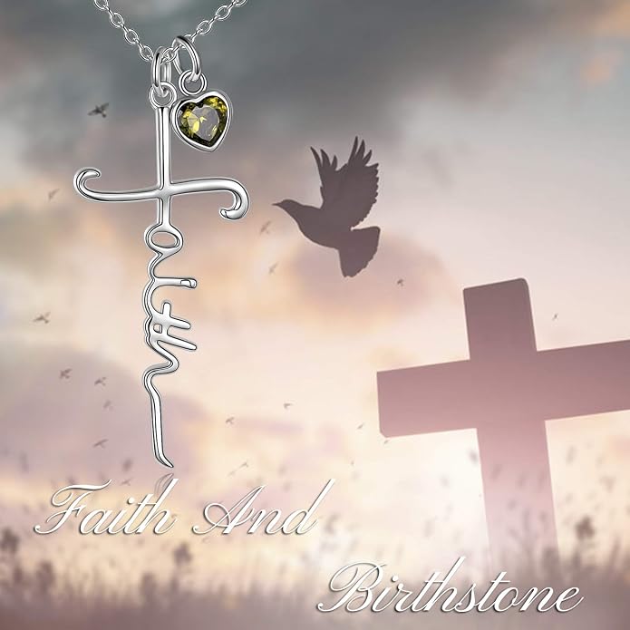 Faith Cross Necklace For Women Birthstone Sterling Silver with Simulated Birthstone Cross Jewelry Christian Gifts