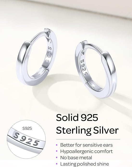ChicSilver 925 Sterling Silver Huggie Hoop Earrings Small Hoop Earrings for Women Hypoallergenic Silver Huggie Earring Cartilage Earrings for Women (6/8/10/12/14/16/18/20MM)