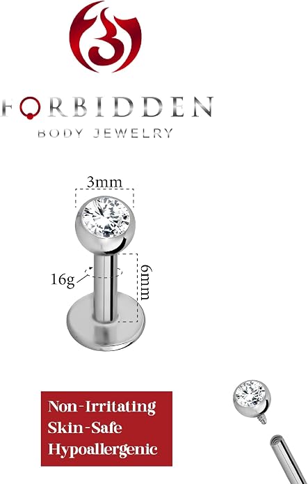 Forbidden Body Jewelry 16G-18G Internally Threaded Solid Titanium Tragus/Helix Earring/Labret Stud with CZ Ball Top