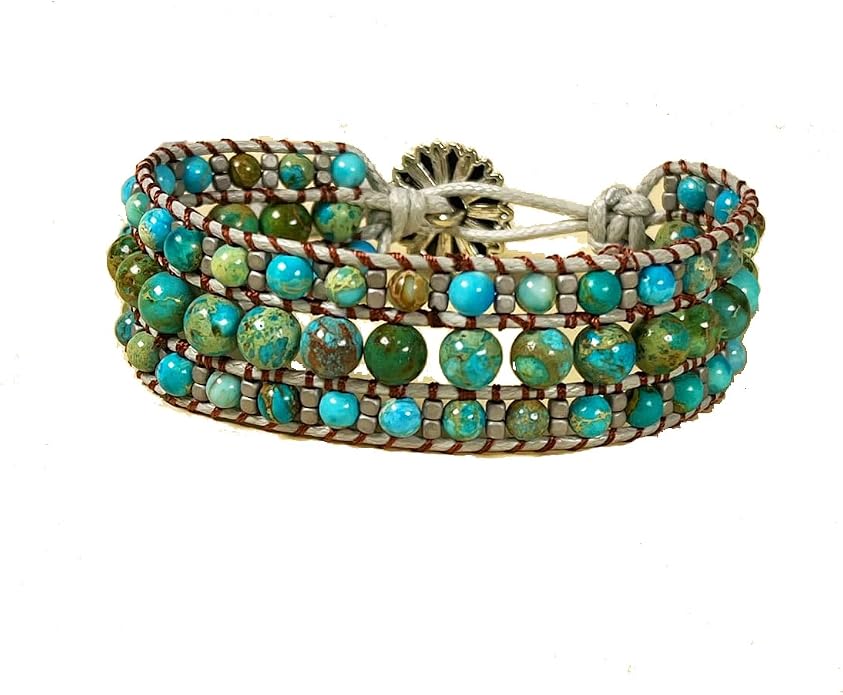 YGLINE Boho Handmade Natural Stone Bead 3 Row Wide Wrap Wrist Statment Bracelet Jewelry Collection