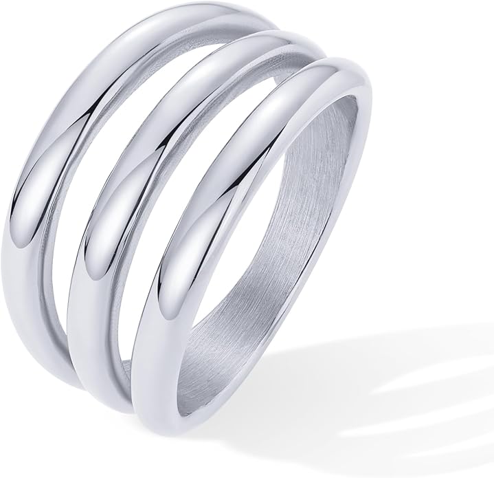 PAVOI 14K Gold Plated Chunky Curved Triple Stackable Ring for Women - Stainless Steel Three in One Statement Rings - Waterproof Thick Multi-Bands