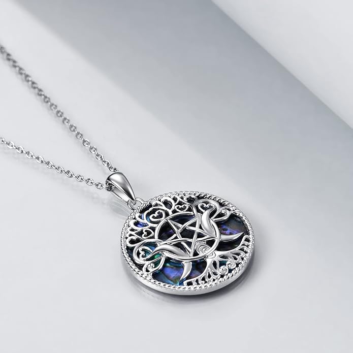 YFN Triple Moon Goddess Necklace Sterling Silver Pentagram Pentacle Opal Pendant necklace Pagan Wiccan Magic Amulet Tree of Life Jewelry for Women Men 18"