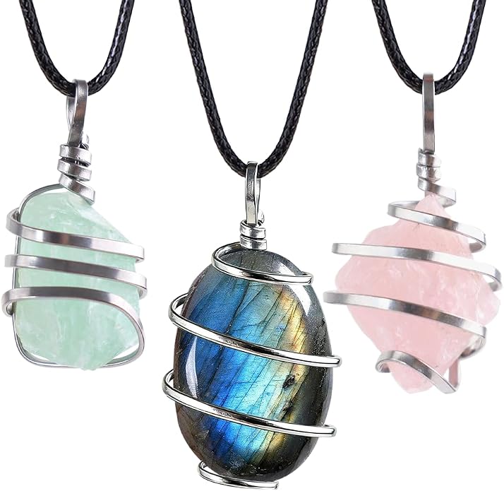 Natural Gemstone Pendant Necklace For Men & Women Spiritual Jewelry Wire Wrapped Gemstone Chakra Necklaces Real Stones For Him & Her