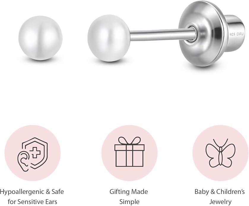 Pearl Screw Back Stud Earrings for Baby, Toddler, Girls | Hypoallergenic 925 Sterling Silver Screwback Safety Earrings | Simulated Pearl Studs for Sensitive Ears | Keepsake Gift for Birthdays Holidays Special Occasions